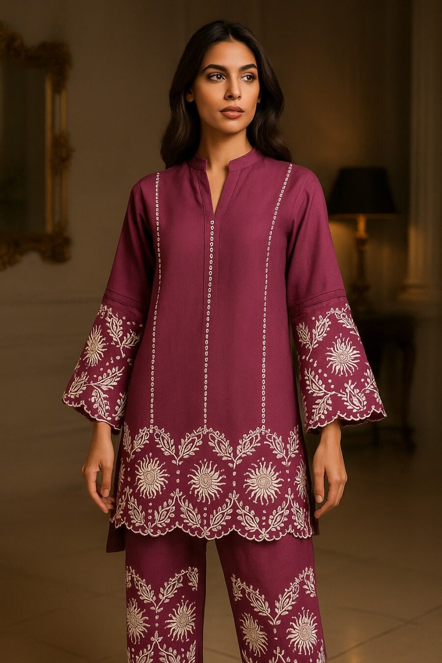 “Embroidered Cotton Flex Co-ord Set – Navy, Lavender, Magenta” - Image 9