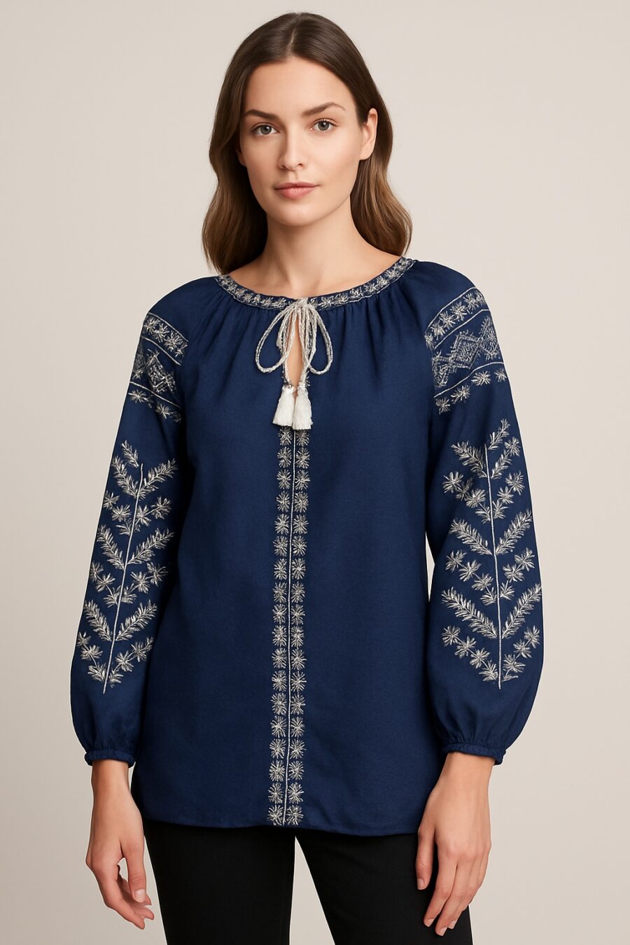 “Women’s Cotton Flex Embroidered Boho Top with Tassel Tie – Navy Blue & Off-White” - Image 3