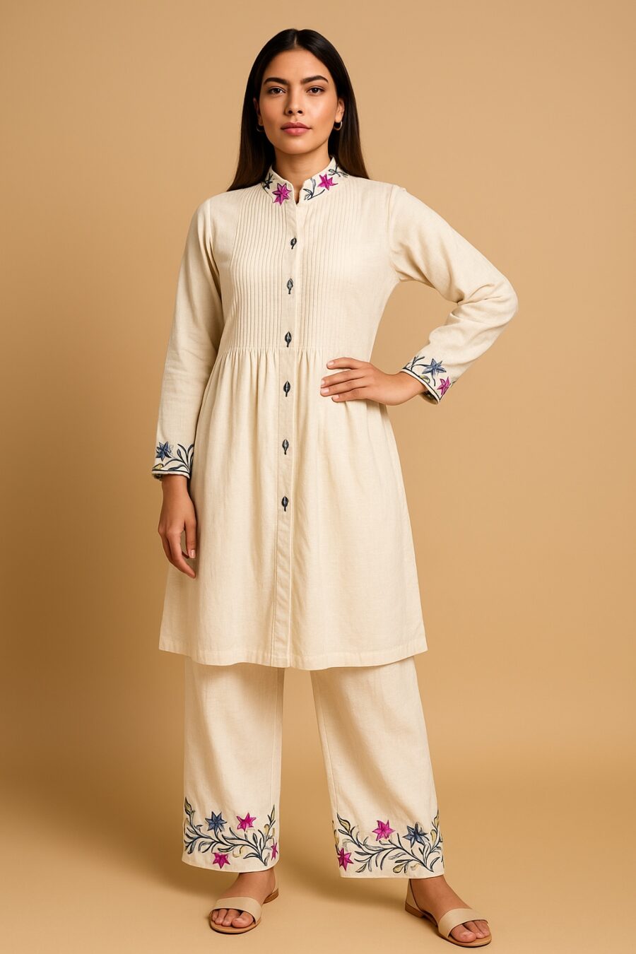Beige Cotton Kurta Set with Floral Embroidery