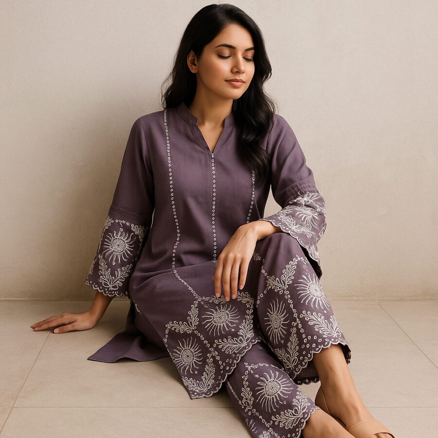 “Embroidered Cotton Flex Co-ord Set – Navy, Lavender, Magenta” - Image 3
