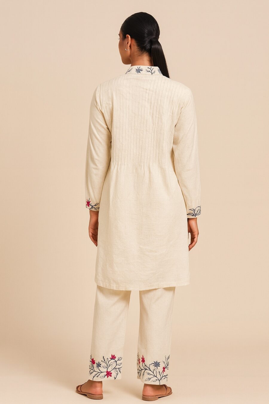 Beige Cotton Kurta Set with Floral Embroidery - Image 3