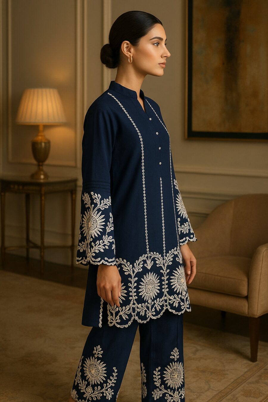“Embroidered Cotton Flex Co-ord Set – Navy, Lavender, Magenta” - Image 6