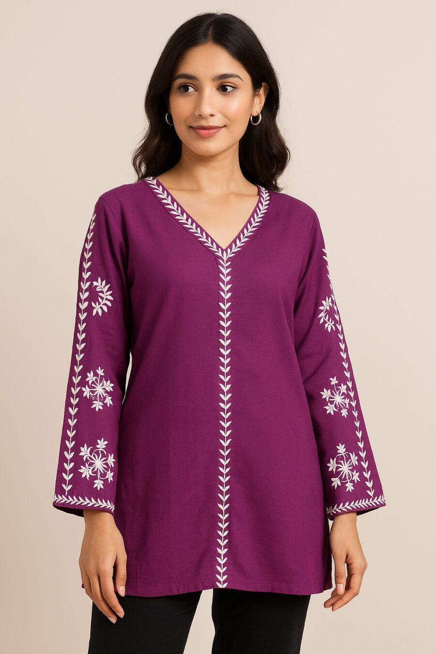Ethnic Cotton Flex Kurta with Floral Sleeve Embroidery – Trendy Women’s Wear