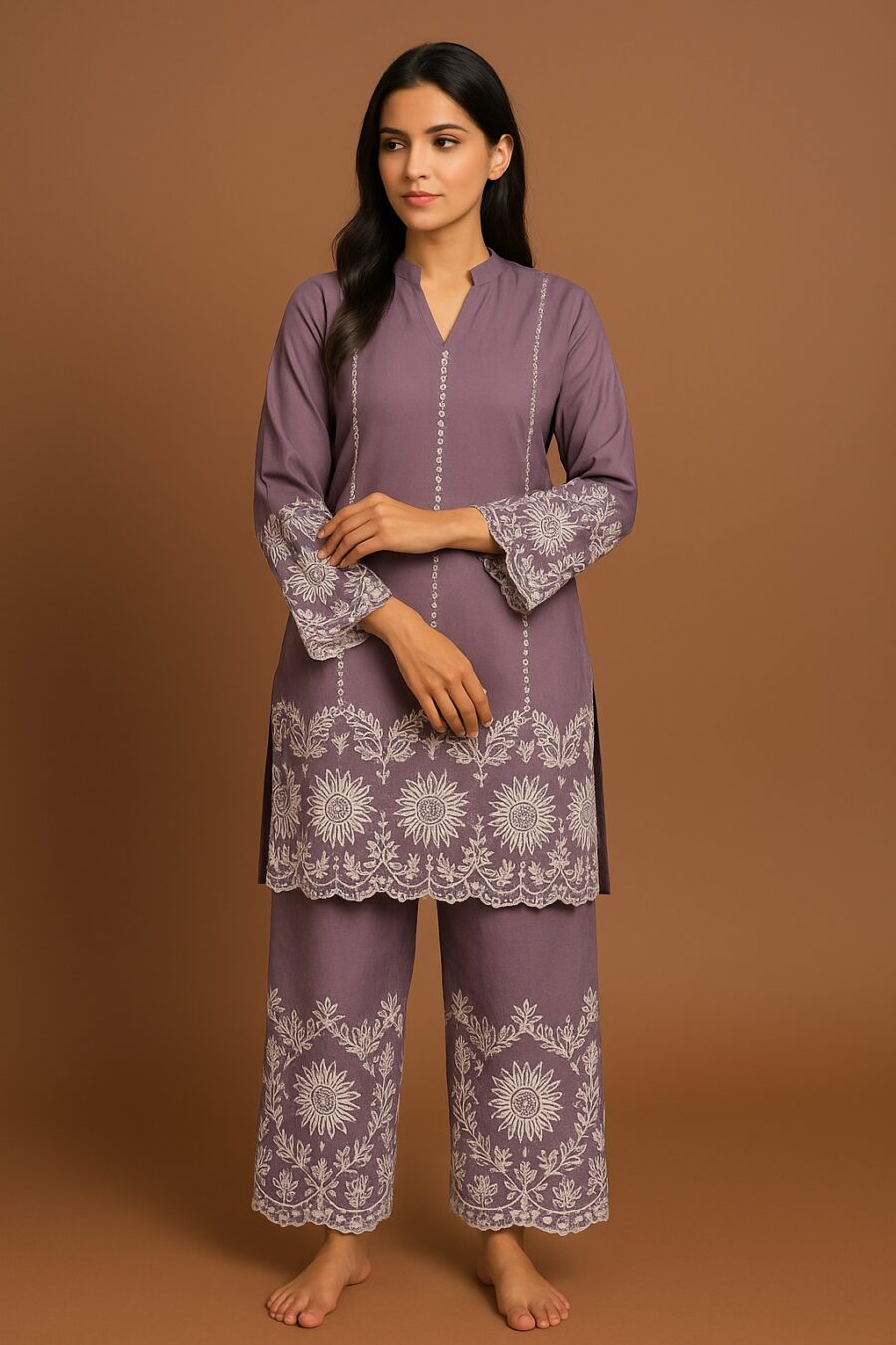 “Embroidered Cotton Flex Co-ord Set – Navy, Lavender, Magenta”