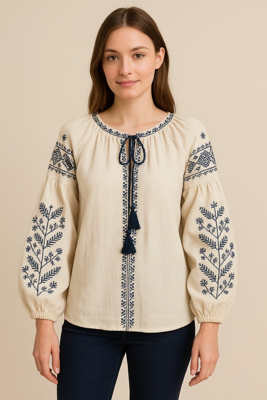 “Women’s Cotton Flex Embroidered Boho Top with Tassel Tie – Navy Blue & Off-White”
