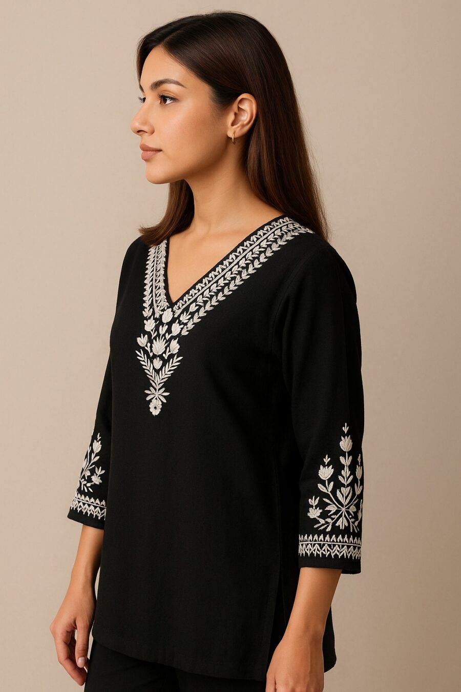 Classic Black Floral Embroidery Kurta - Image 3