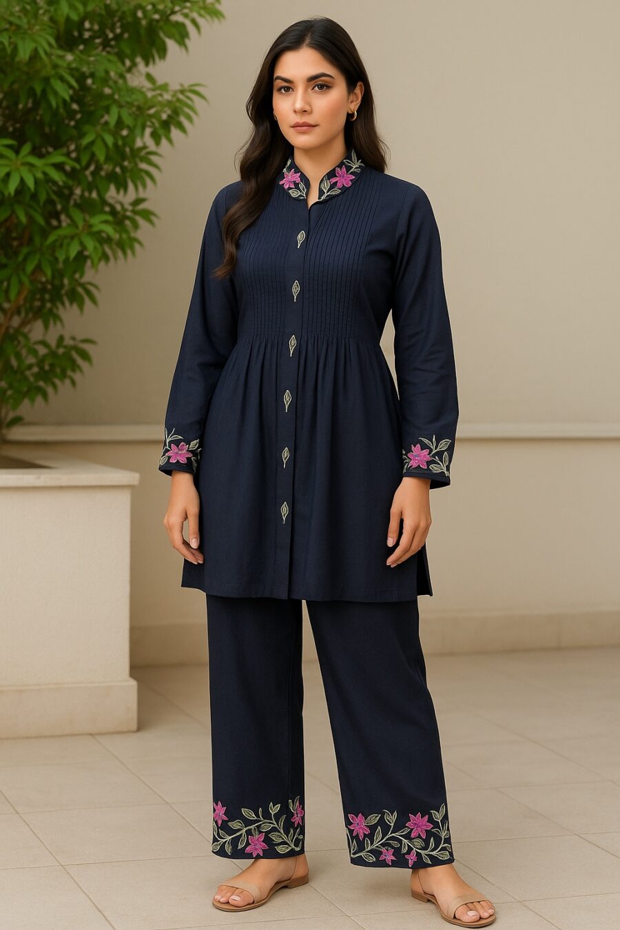 Beige Cotton Kurta Set with Floral Embroidery - Image 4