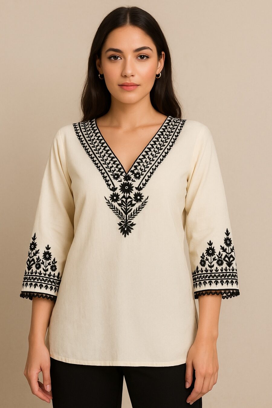 Classic Black Floral Embroidery Kurta - Image 5