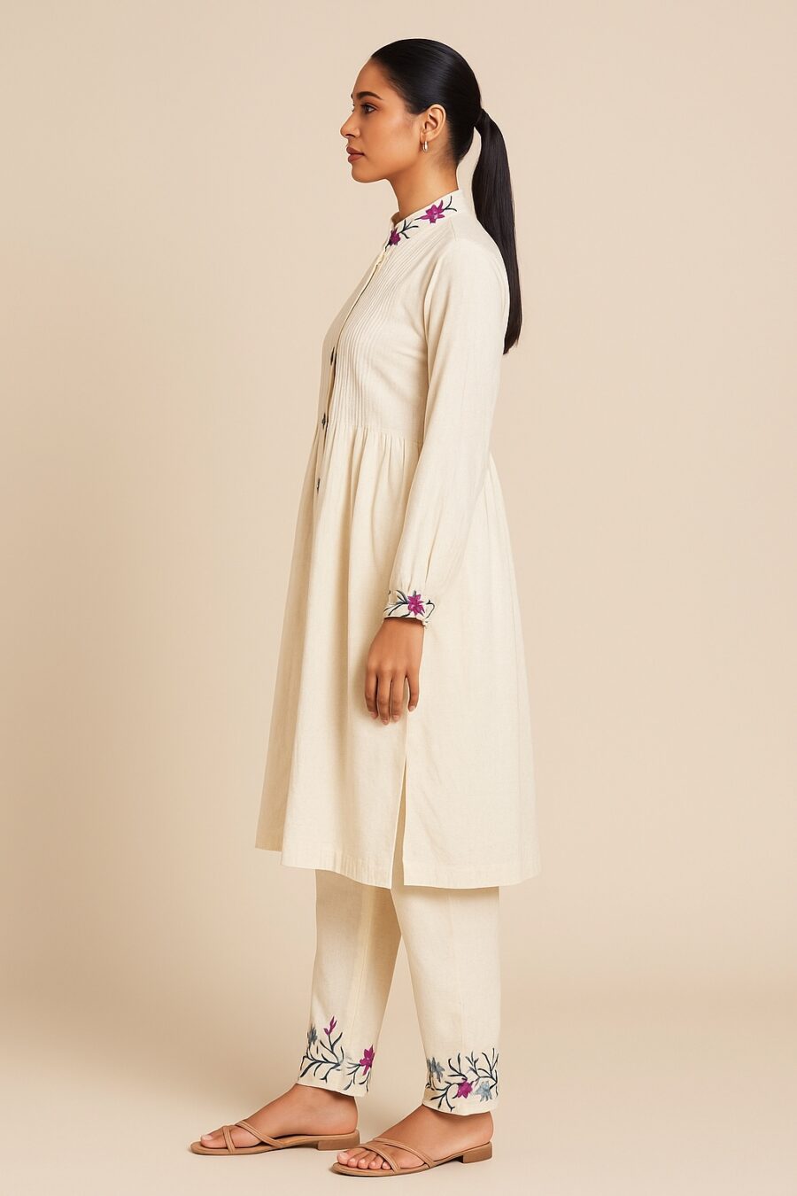 Beige Cotton Kurta Set with Floral Embroidery