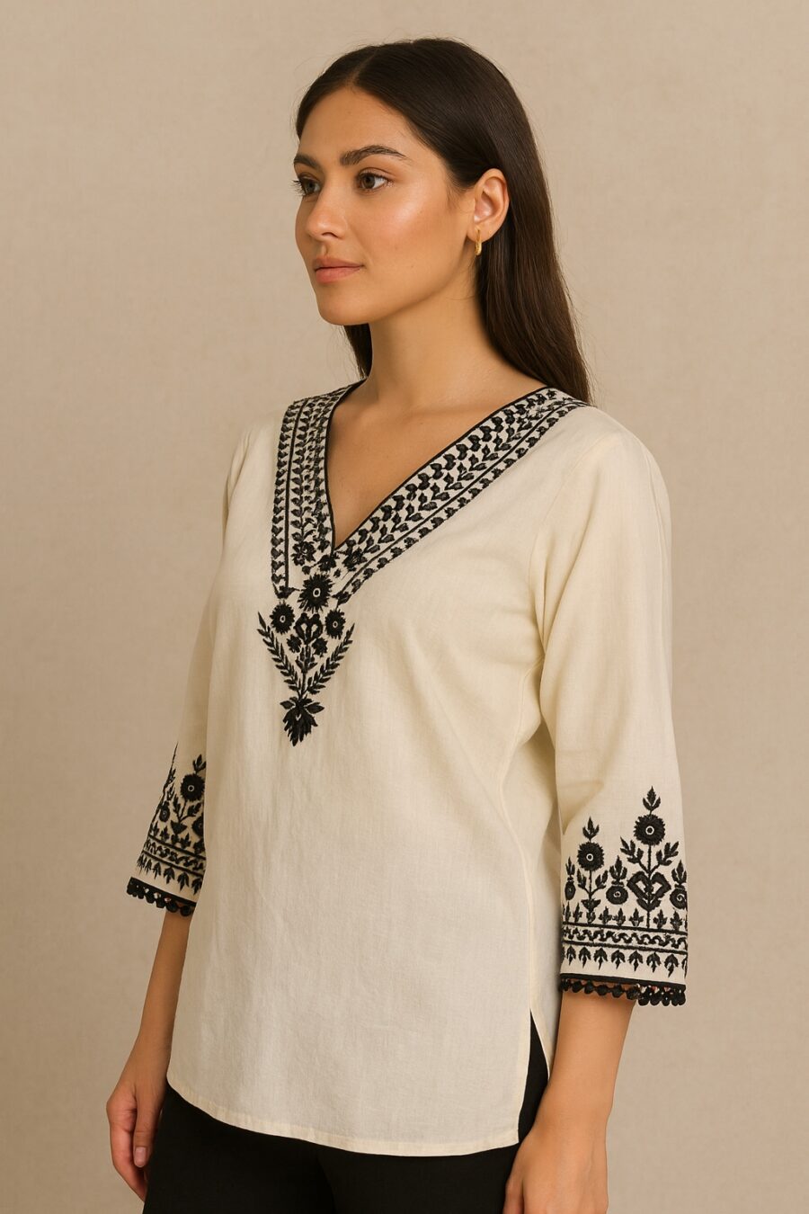 Classic Black Floral Embroidery Kurta - Image 6