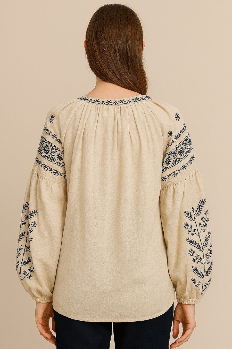 “Women’s Cotton Flex Embroidered Boho Top with Tassel Tie – Navy Blue & Off-White”