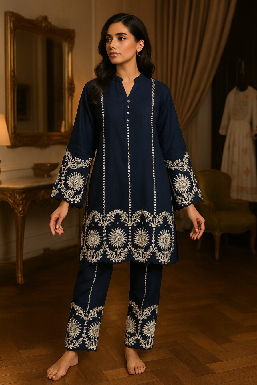 “Embroidered Cotton Flex Co-ord Set – Navy, Lavender, Magenta” - Image 5
