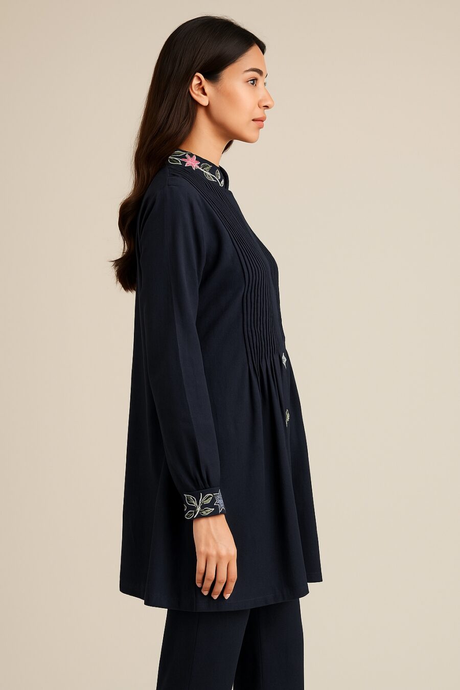 Beige Cotton Kurta Set with Floral Embroidery - Image 5