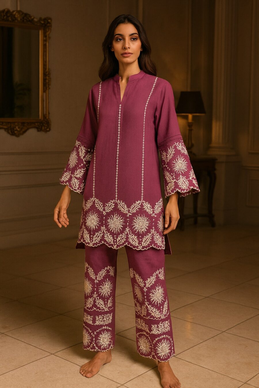 “Embroidered Cotton Flex Co-ord Set – Navy, Lavender, Magenta” - Image 8