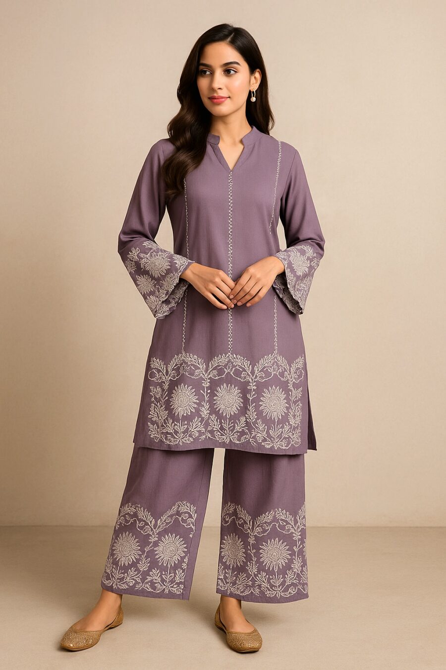 “Embroidered Cotton Flex Co-ord Set – Navy, Lavender, Magenta”