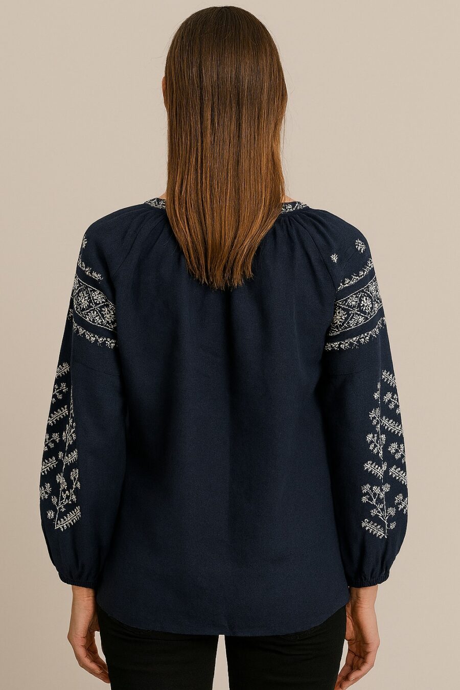 “Women’s Cotton Flex Embroidered Boho Top with Tassel Tie – Navy Blue & Off-White” - Image 4