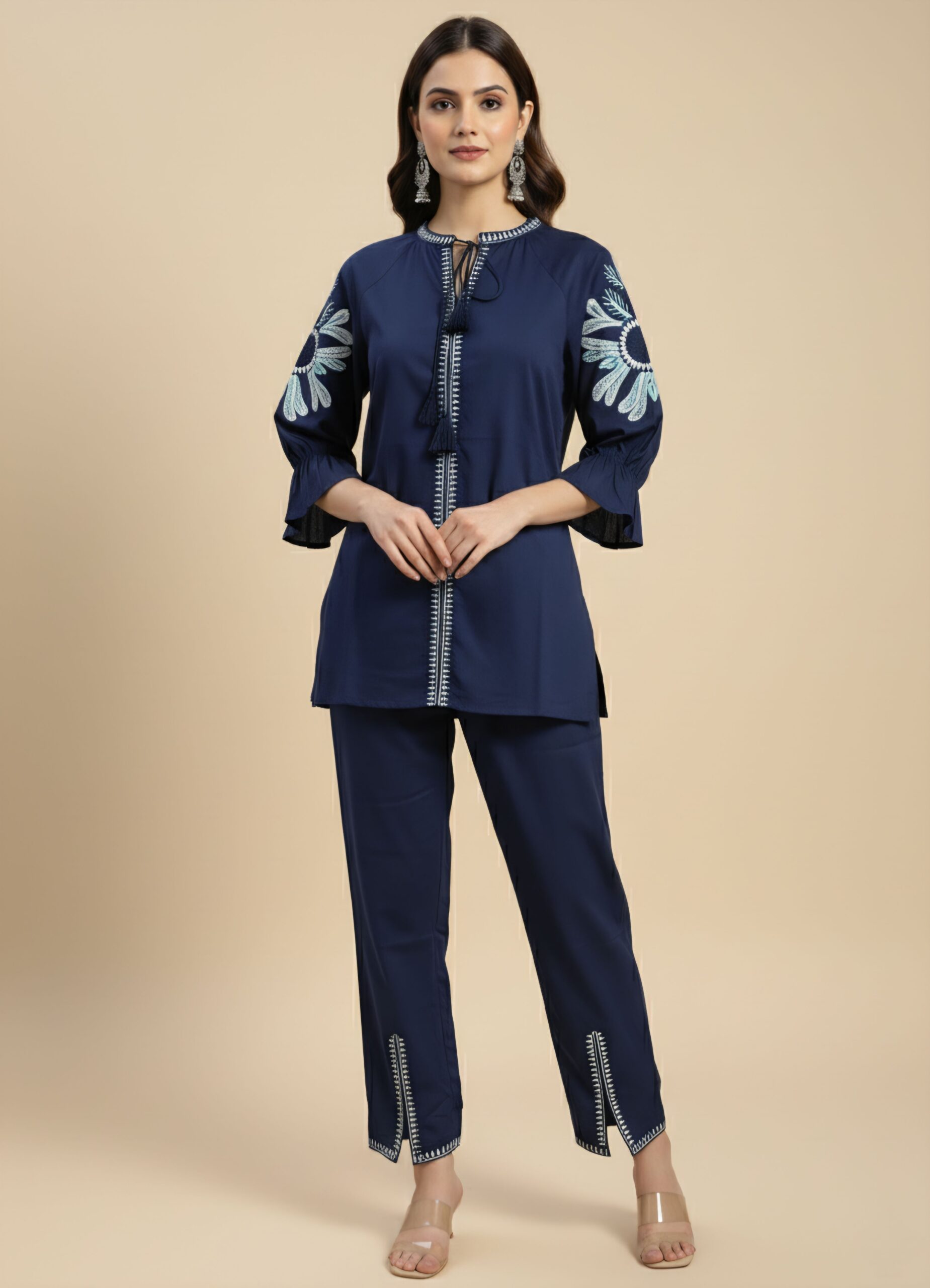 Women's Navy Blue Embroidered Tunic Set