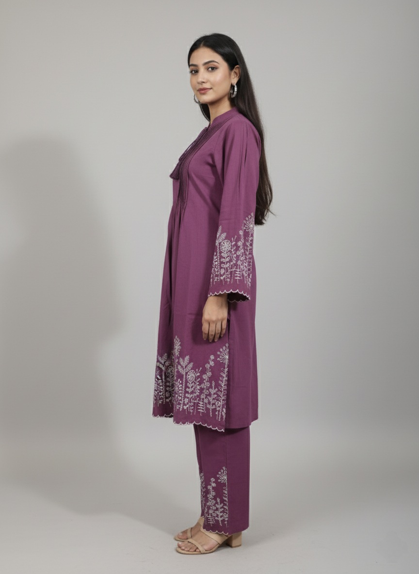 Wine Color Cotton Flex Kurta Set with Floral Embroidery
