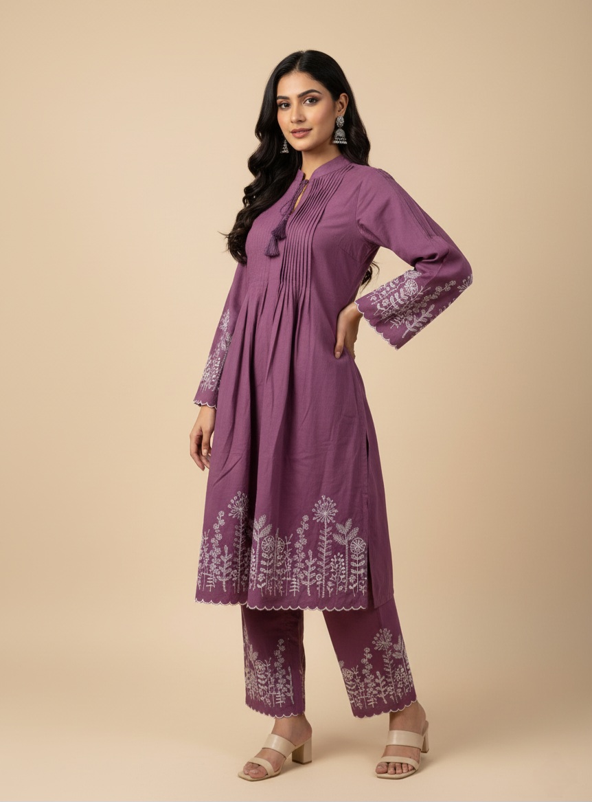 Wine Color Cotton Flex Kurta Set with Floral Embroidery