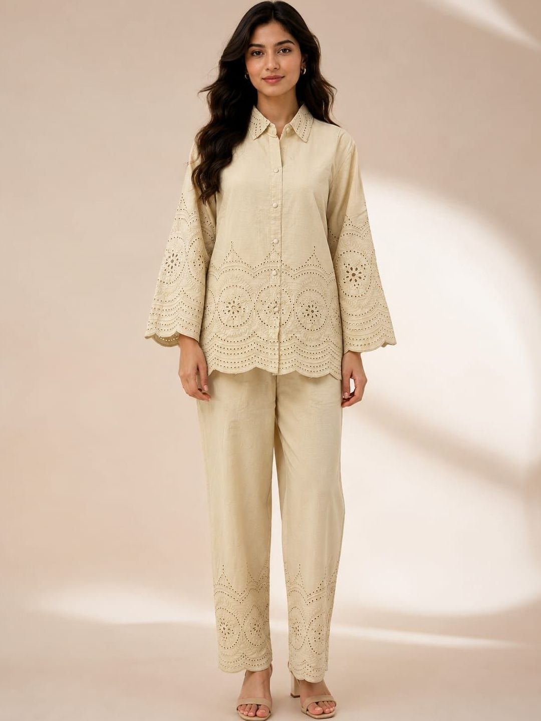 ILAAHA Schiffli Embroidered Cotton Shirt & Trouser Co-Ord Set - Image 41