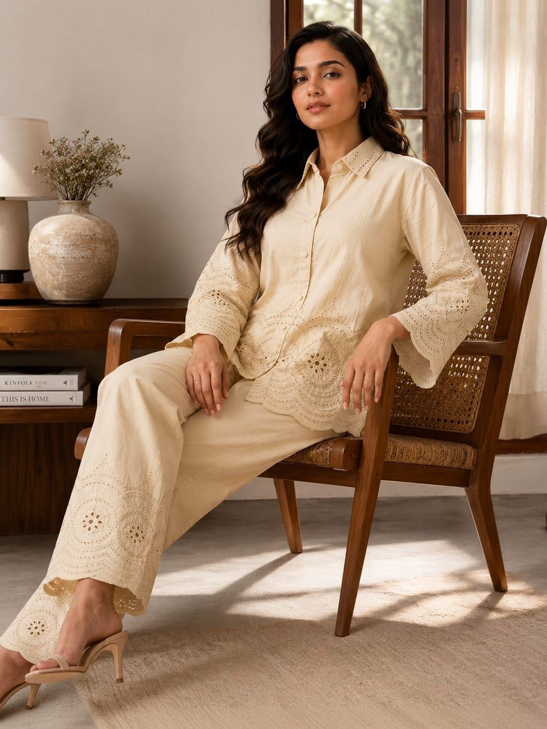ILAAHA Schiffli Embroidered Cotton Shirt & Trouser Co-Ord Set - Image 37