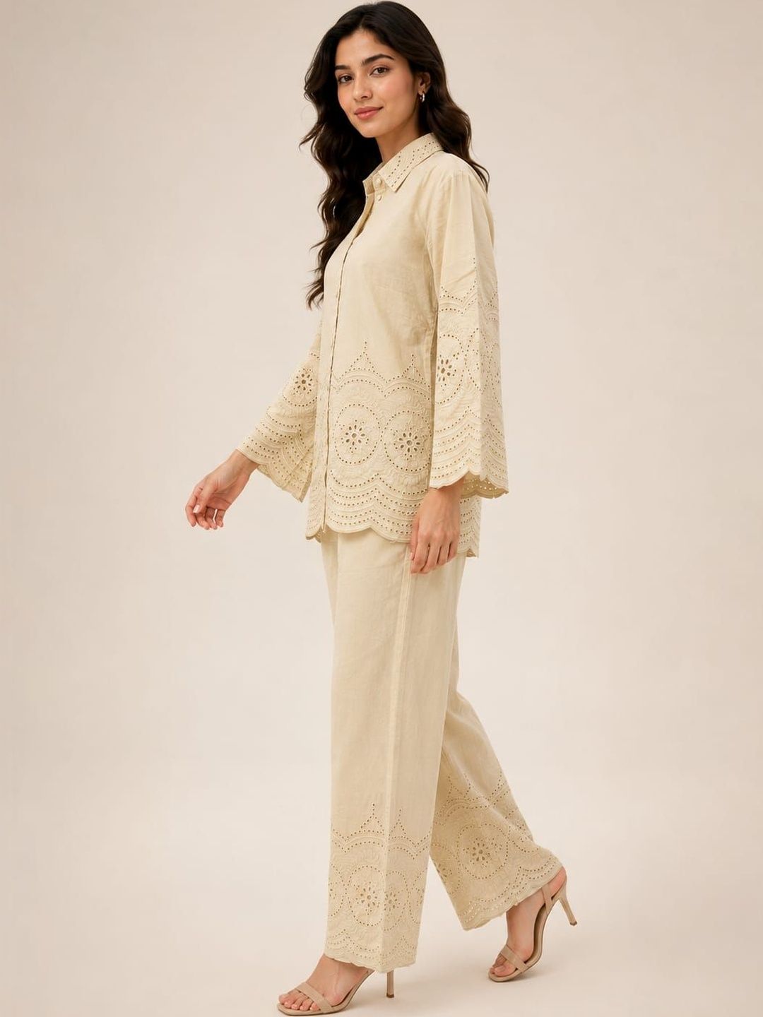 ILAAHA Schiffli Embroidered Cotton Shirt & Trouser Co-Ord Set - Image 31