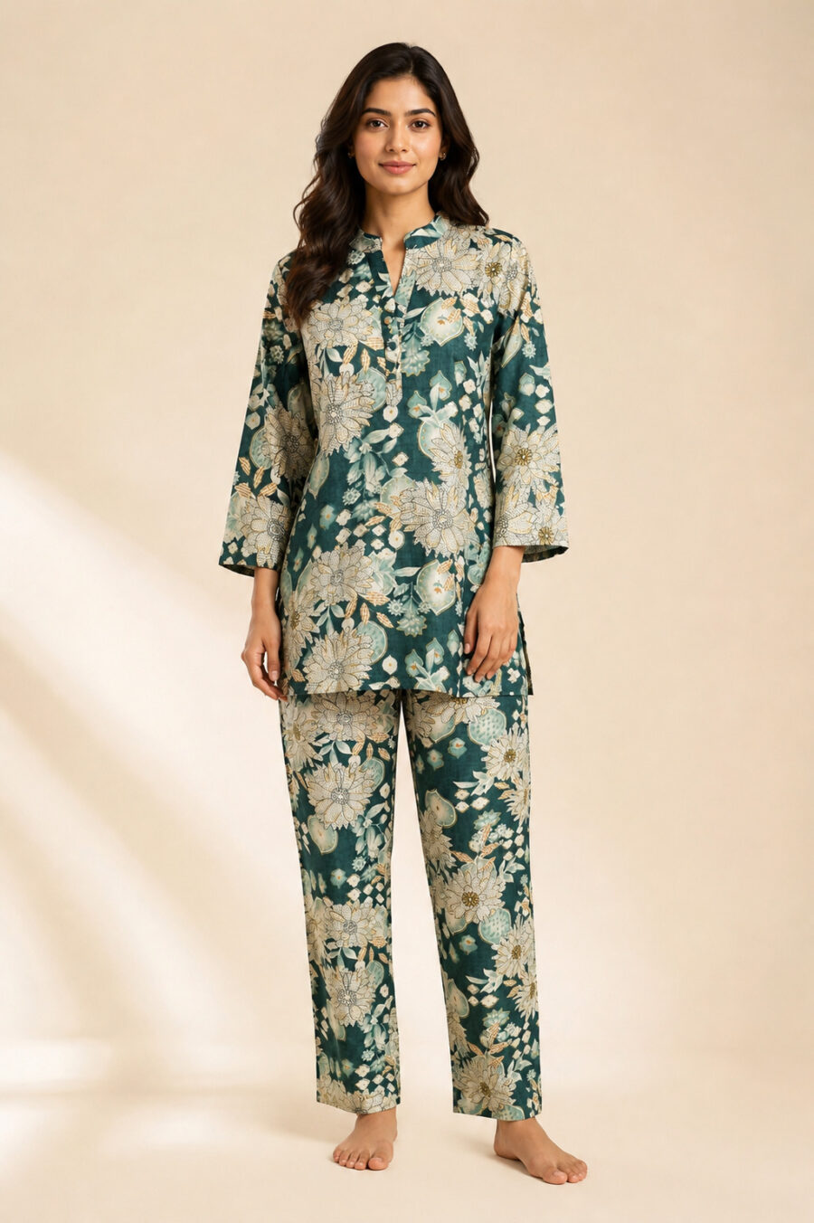 ILAAHA Women's Sage & Emerald Floral Print Cotton Tunic & Trouser Co-ord Set