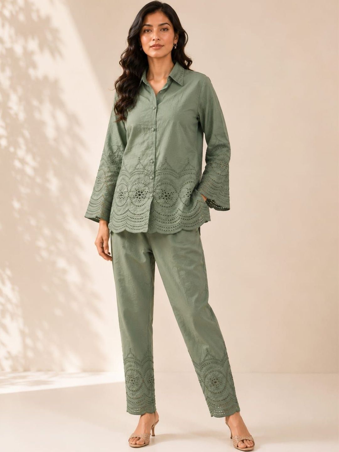 ILAAHA Schiffli Embroidered Cotton Shirt & Trouser Co-Ord Set - Image 27