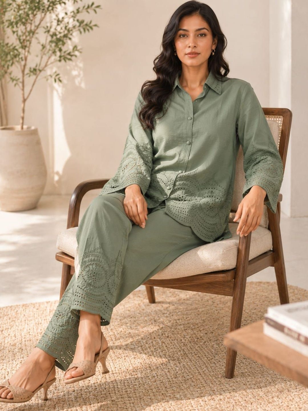 ILAAHA Schiffli Embroidered Cotton Shirt & Trouser Co-Ord Set - Image 35