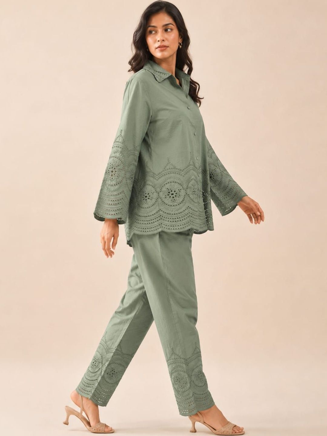 ILAAHA Schiffli Embroidered Cotton Shirt & Trouser Co-Ord Set - Image 34