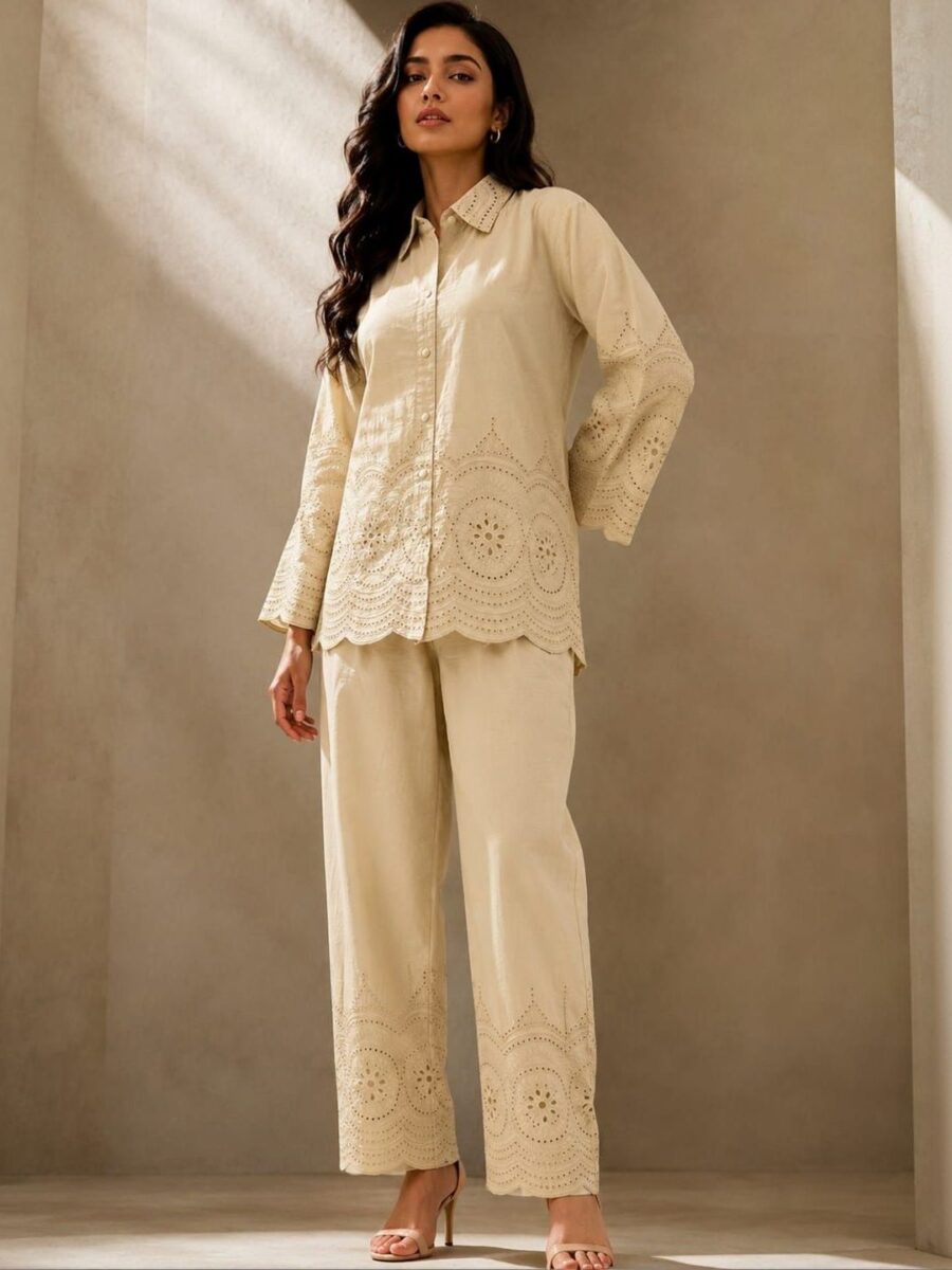 ILAAHA Schiffli Embroidered Cotton Shirt & Trouser Co-Ord Set