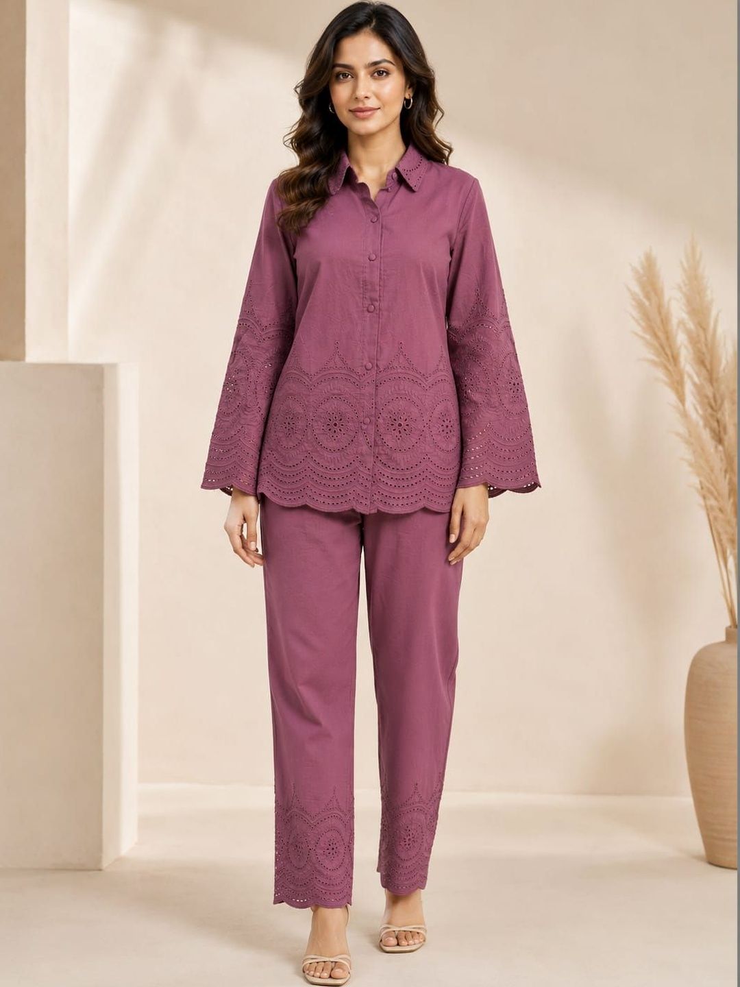 ILAAHA Schiffli Embroidered Cotton Shirt & Trouser Co-Ord Set - Image 17