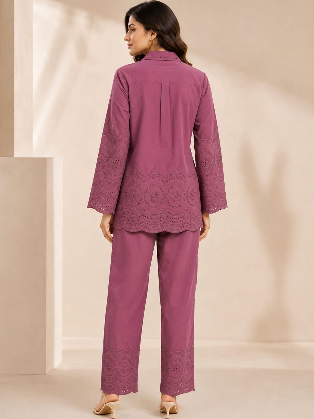 ILAAHA Schiffli Embroidered Cotton Shirt & Trouser Co-Ord Set - Image 16