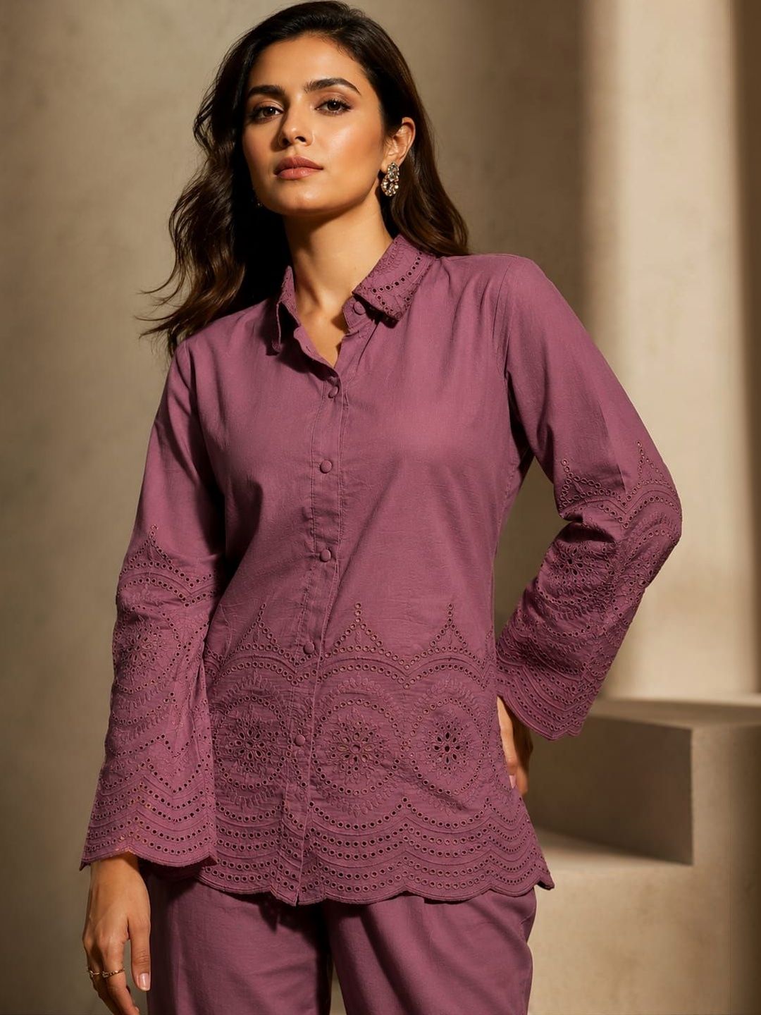 ILAAHA Schiffli Embroidered Cotton Shirt & Trouser Co-Ord Set - Image 14