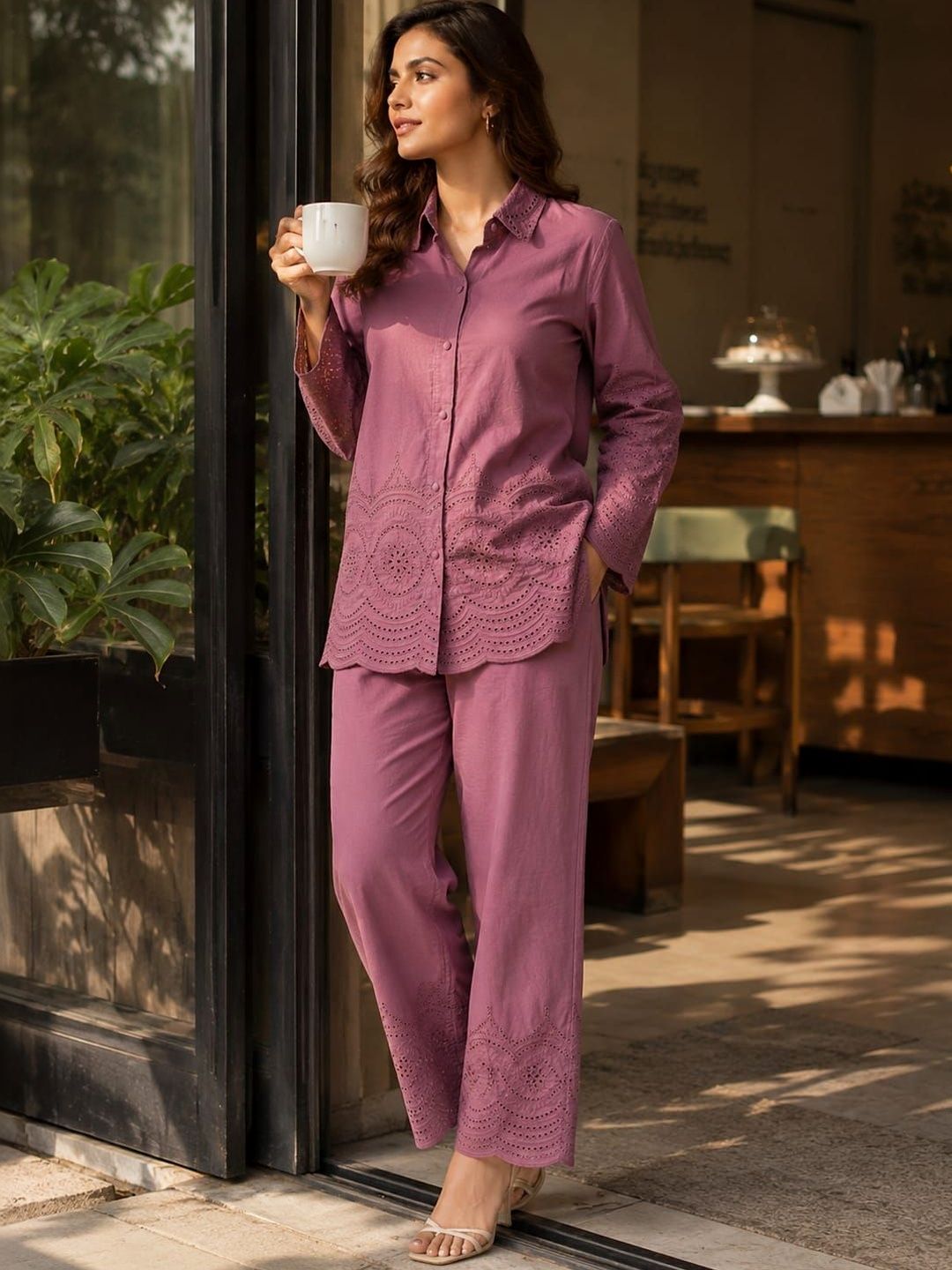 ILAAHA Schiffli Embroidered Cotton Shirt & Trouser Co-Ord Set - Image 26