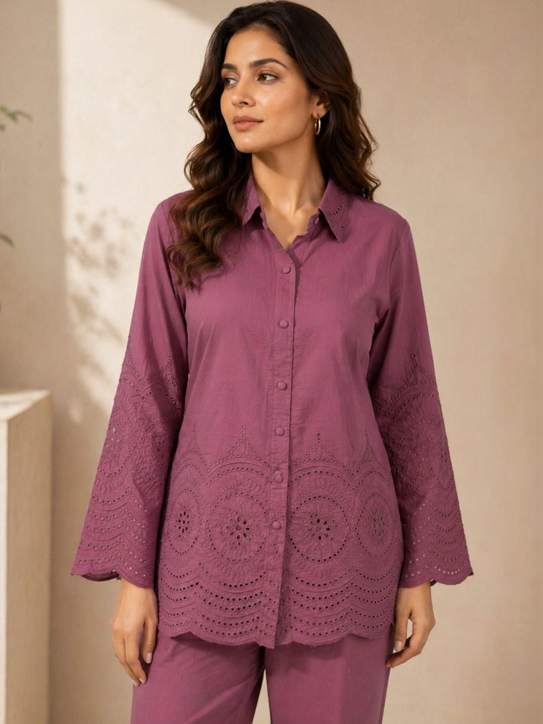 ILAAHA Schiffli Embroidered Cotton Shirt & Trouser Co-Ord Set - Image 25
