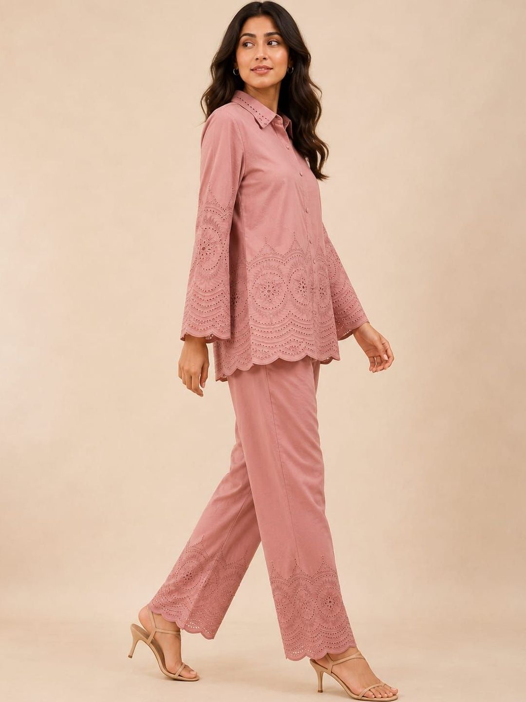 ILAAHA Schiffli Embroidered Cotton Shirt & Trouser Co-Ord Set - Image 23