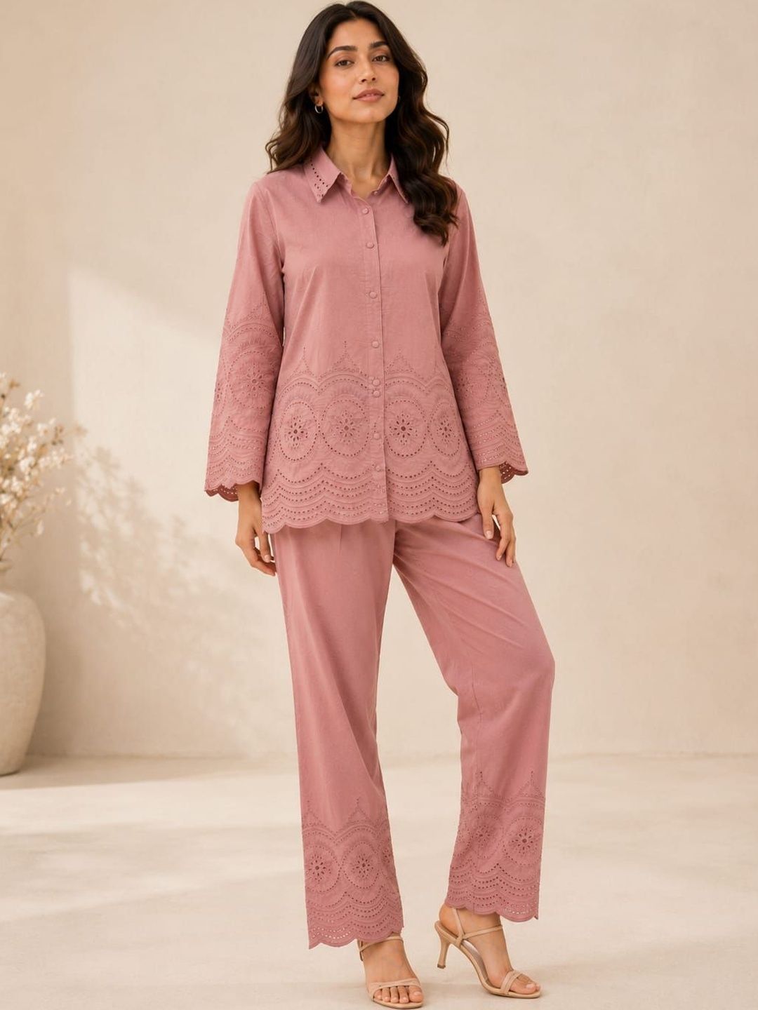 ILAAHA Schiffli Embroidered Cotton Shirt & Trouser Co-Ord Set - Image 22