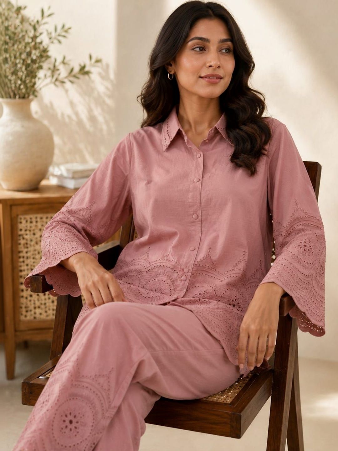 ILAAHA Schiffli Embroidered Cotton Shirt & Trouser Co-Ord Set - Image 18