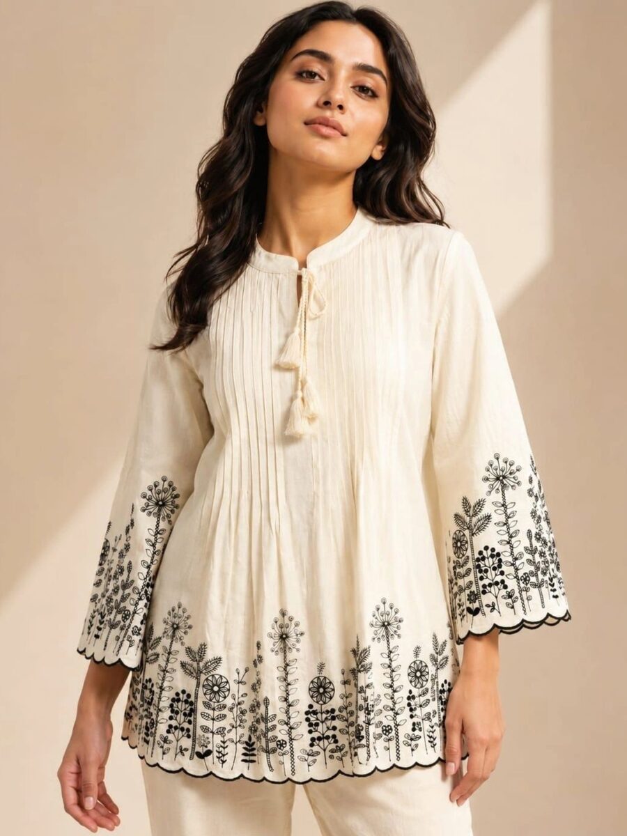 ILAAHA Organic Cotton Mandarin Collar Floral Embroidered Tie-Up Tunic