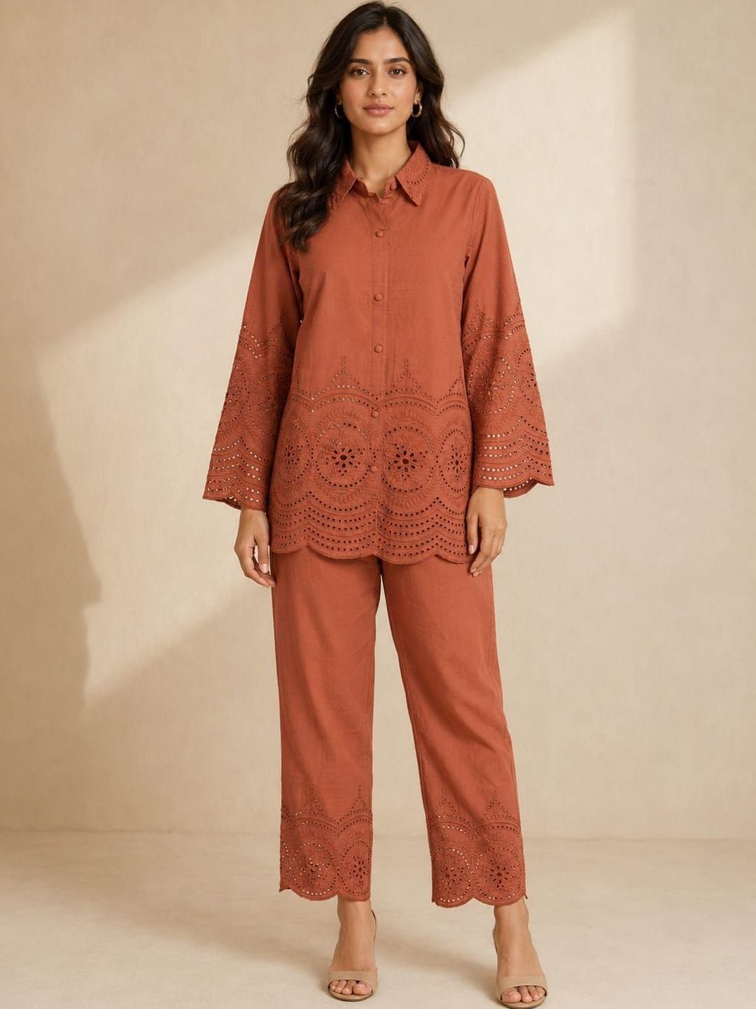 ILAAHA Schiffli Embroidered Cotton Shirt & Trouser Co-Ord Set - Image 13