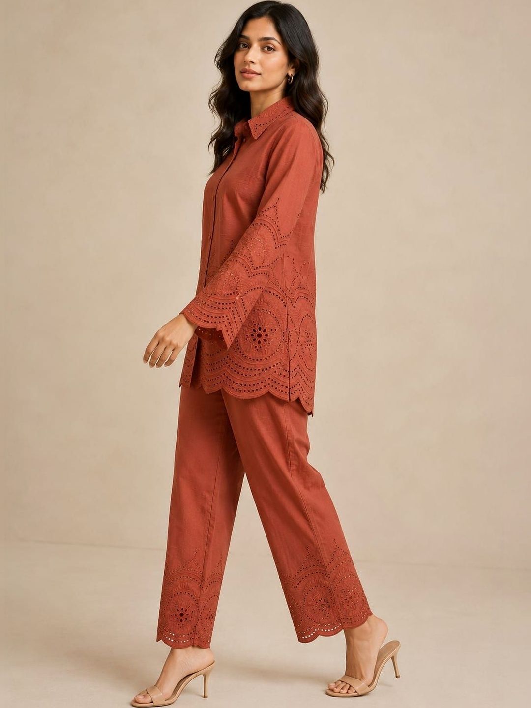 ILAAHA Schiffli Embroidered Cotton Shirt & Trouser Co-Ord Set - Image 12