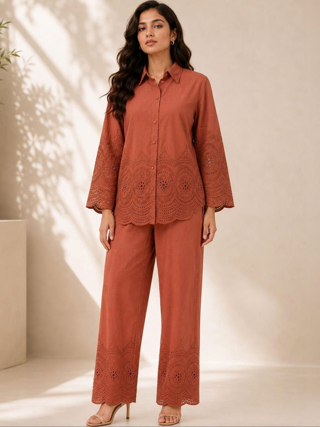 ILAAHA Schiffli Embroidered Cotton Shirt & Trouser Co-Ord Set - Image 40