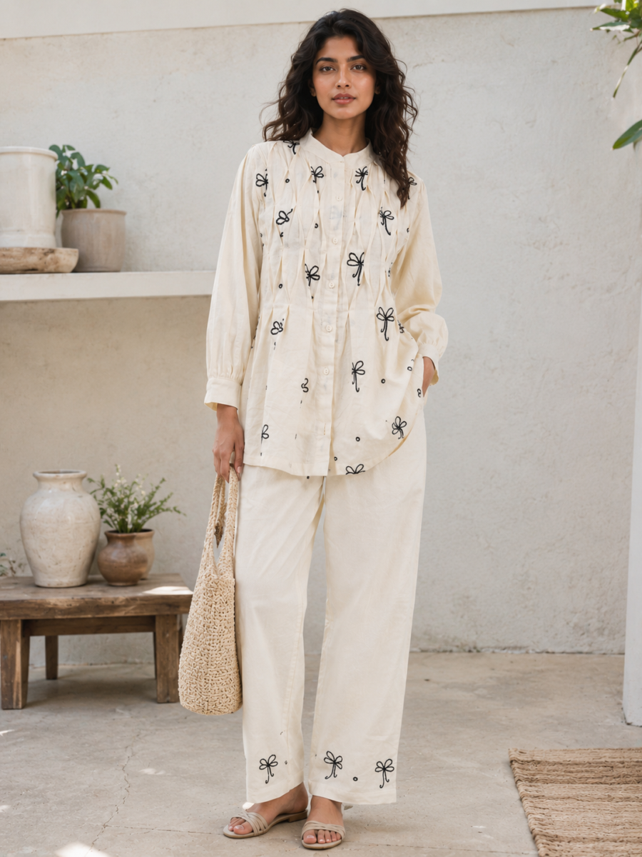 Ilaaha Women Embroidered Cotton Blend Shirt & Trouser Co-ord Set