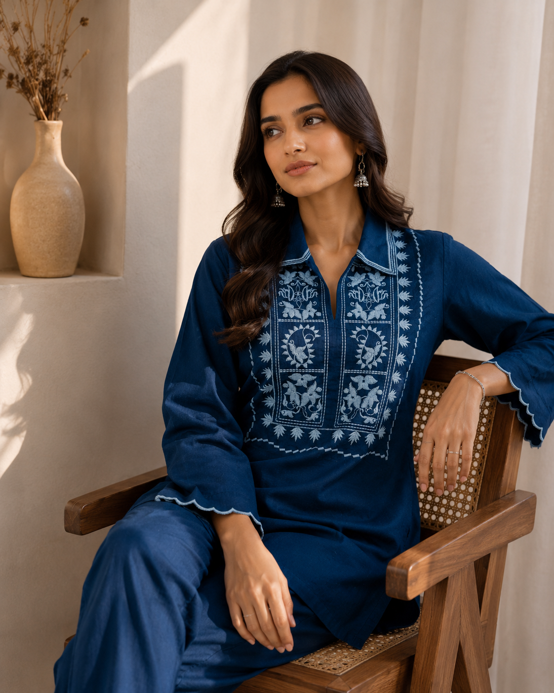 ILAAHA Cotton Blend Embroidered Tunic with Trousers Co-ord Set - Image 7