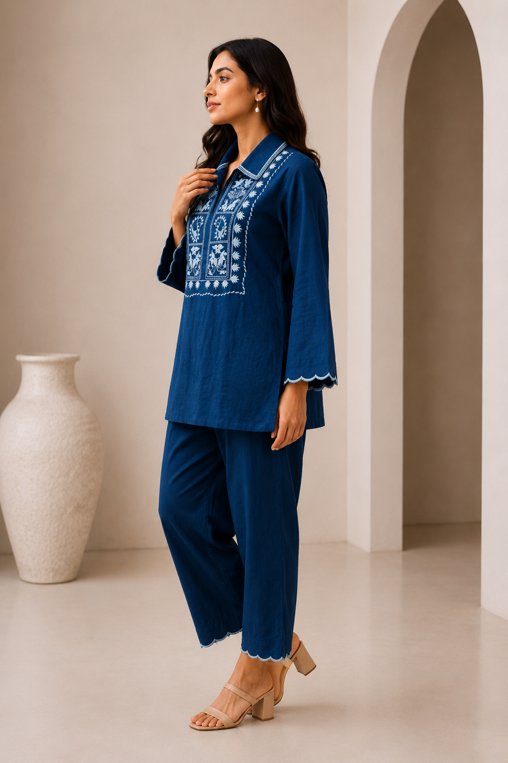 ILAAHA Cotton Blend Embroidered Tunic with Trousers Co-ord Set - Image 4