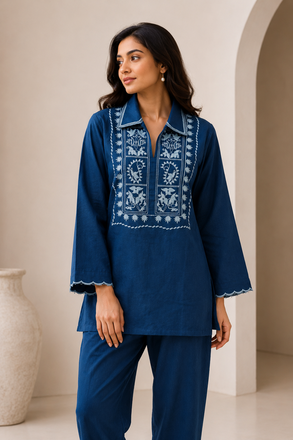 ILAAHA Cotton Blend Embroidered Tunic with Trousers Co-ord Set - Image 5