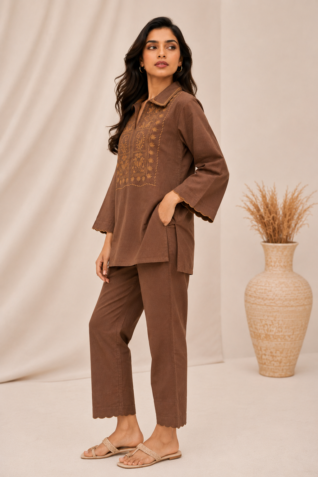 ILAAHA Cotton Blend Embroidered Tunic with Trousers Co-ord Set - Image 11