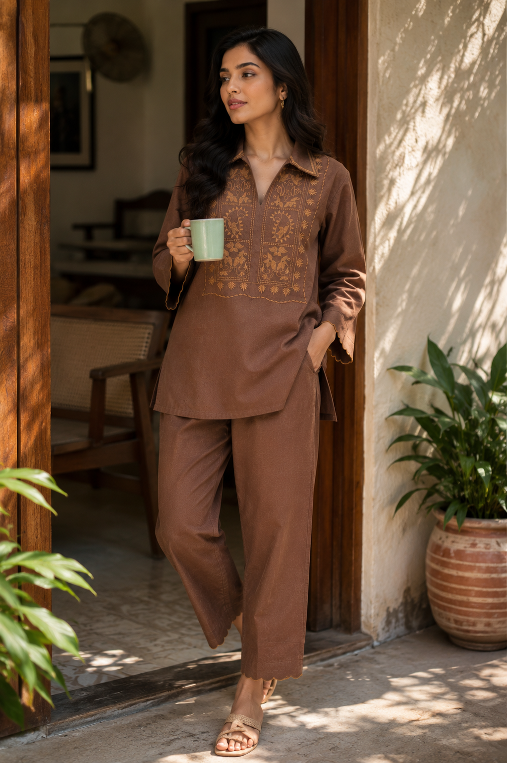 ILAAHA Cotton Blend Embroidered Tunic with Trousers Co-ord Set - Image 12