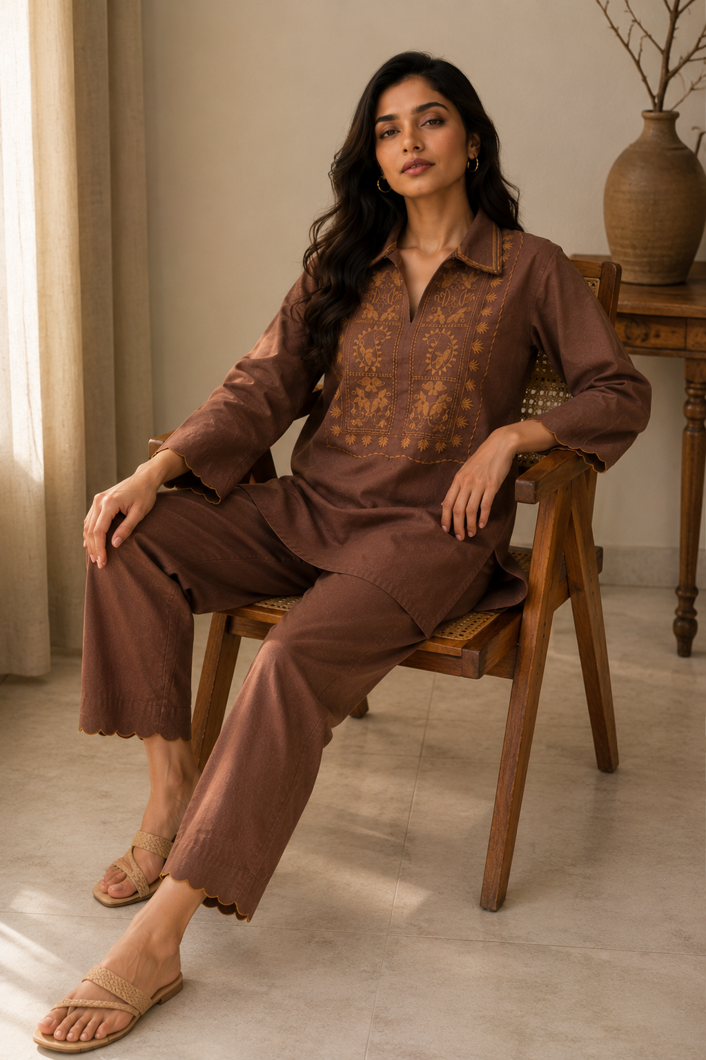 ILAAHA Cotton Blend Embroidered Tunic with Trousers Co-ord Set - Image 13